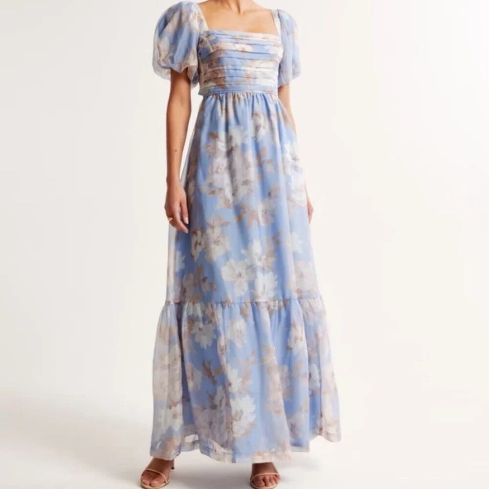 Abercrombie Emerson Drama Bow Back Floral Organza Maxi Dress Blue Large - Picture 2 of 11